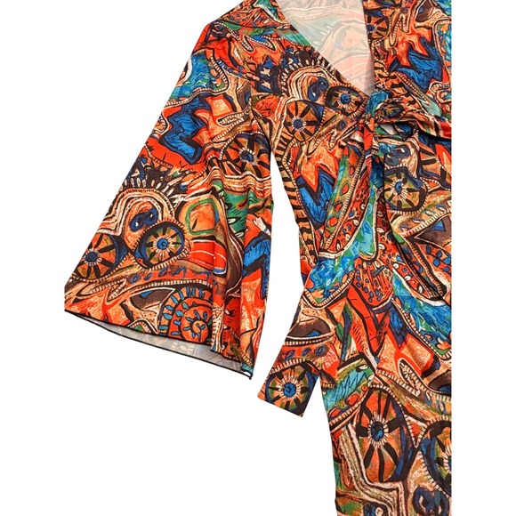 CHICME Boho Abstract Print‎ Kimono Style Wrap Dress Bell Sleeve - Picture 7 of 13